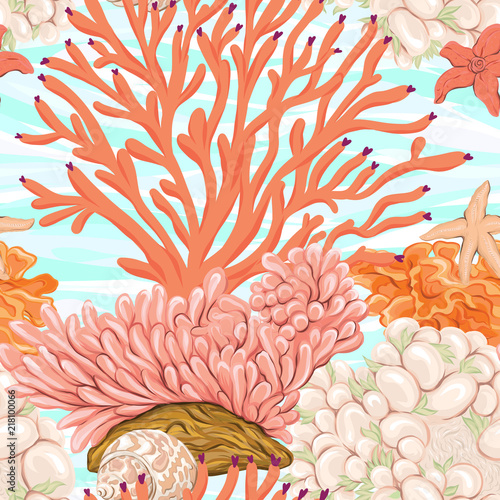 Sea world seamless pattern, background with fish, corals and shells on blue sea background. Stock vector illustration.