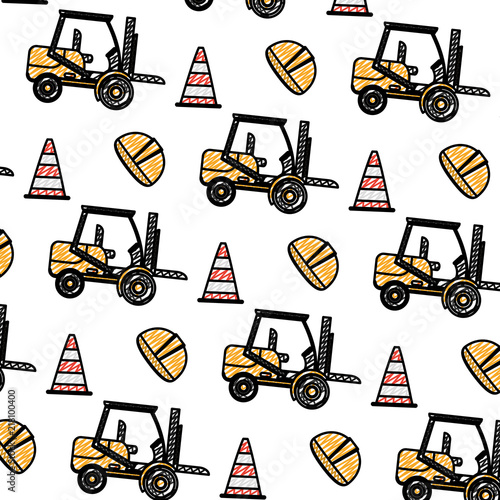 doodle forklift with traffic cone and helmet background