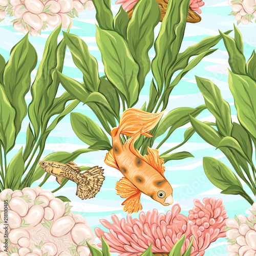 Sea world seamless pattern, background with fish, corals and shells on blue sea background. Stock vector illustration.