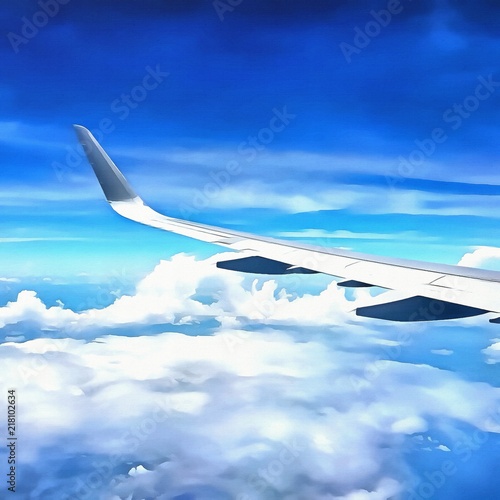 Oil painting. Art print for wall decor. Acrylic artwork. Big size poster. Watercolor drawing. Modern style fine art. Beautiful celestial landscape. Wonderful view from the airplane window.