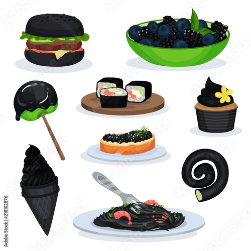 Collection of food dishes of black color, burger, blackberries, lollipop, sushi rolls, cupcake, ice cream cone, pasta with shrimps, sandwich with black fish caviar vector Illustrations on a white