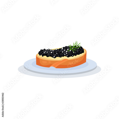 Sandwich with black fish caviar vector Illustration on a white background