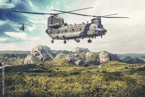 Obraz Amerykański dwusilnikowy, tandemowy śmigłowiec o dużym udźwigu lata nad zielonym krajobrazem