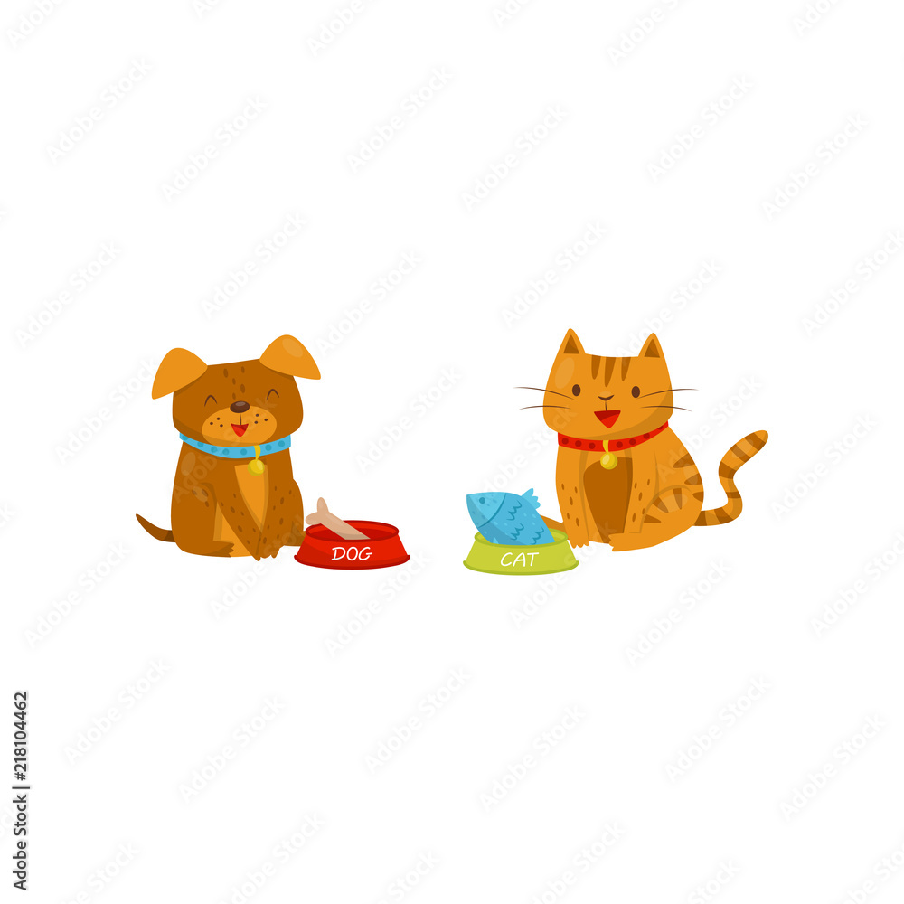 Funny dog and cat eating food, cute domestic pet animals cartoon  characters, best friends vector Illustration on a white background Stock  Vector | Adobe Stock