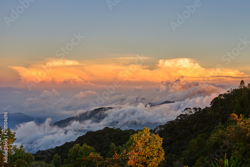 Summer sunrise photo. Fog cover trees in the foreground and curly clouds mountains in the background. Active travel and vacation concept.
