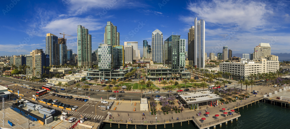 San Diego, USA - June 15, 2018: Panoramic city view from the cruise ship while docked at the cruise terminal. San Diego downtown.