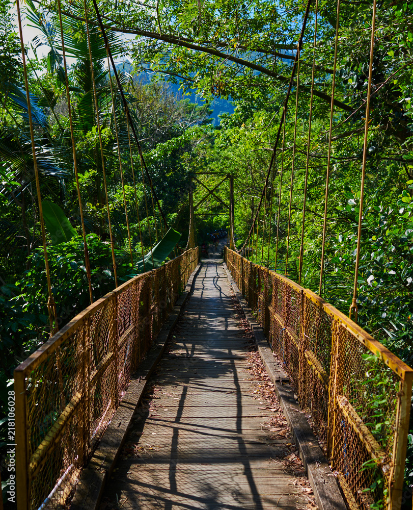 Fototapeta premium Pedestrian hanging bridge over river in tropical forest in Southeast Asia. Old wooden suspension bridge for walking across river in the rainforest. Suspension bridge. Travel and adventure concept.