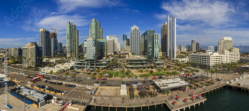San Diego, USA - June 15, 2018: Panoramic city view from the cruise ship while docked at the cruise terminal. San Diego downtown.