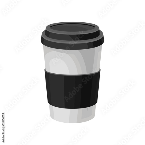 Paper coffee cup with black plastic lid, take away coffee packaging template vector Illustration on a white background