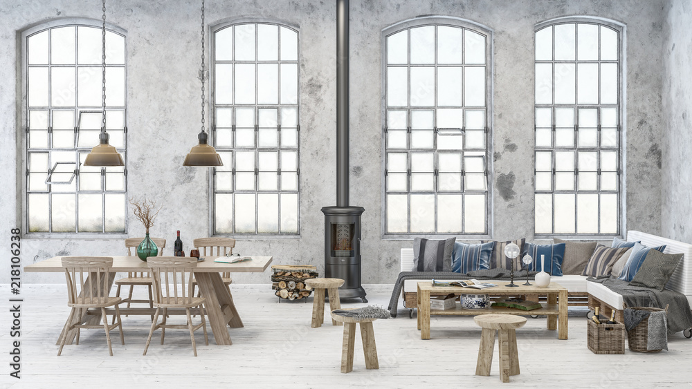 Naklejka premium Cozy dining and living room scene in old warehouse