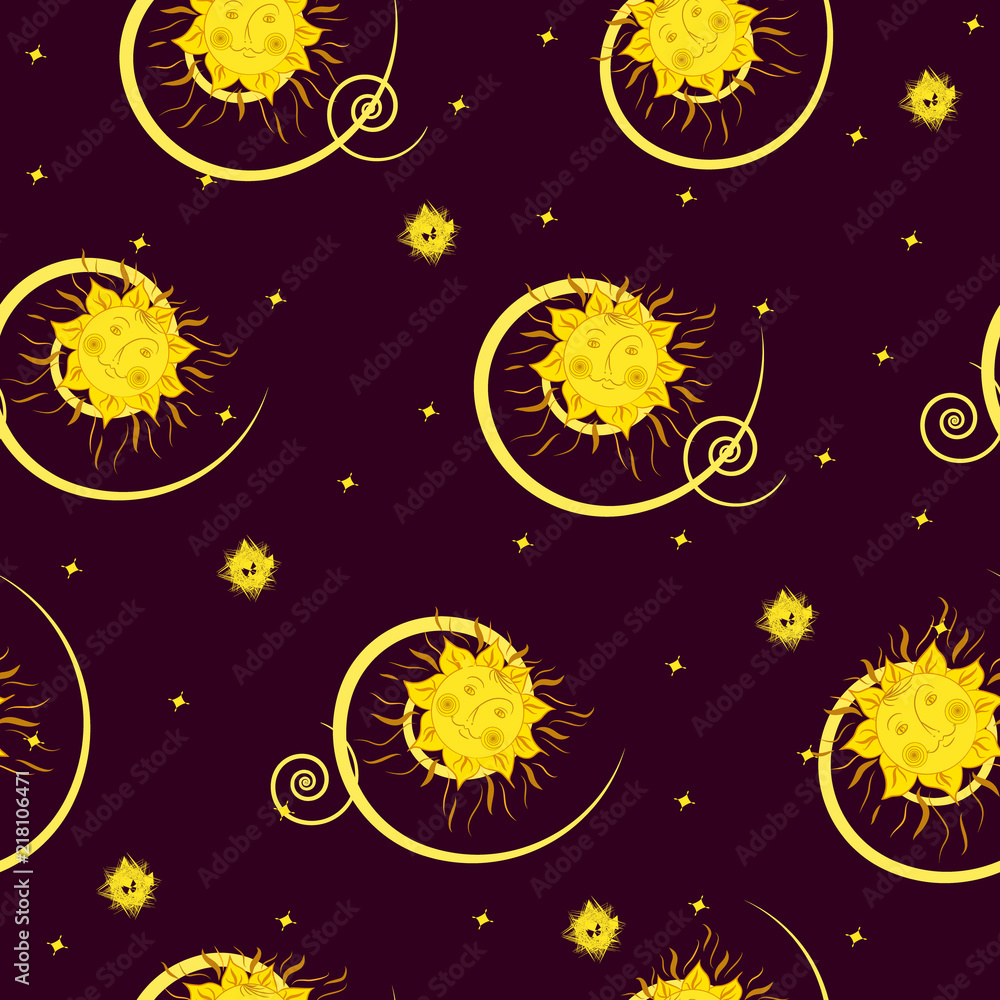 Pattern with fantastic sun and stars on a brown background