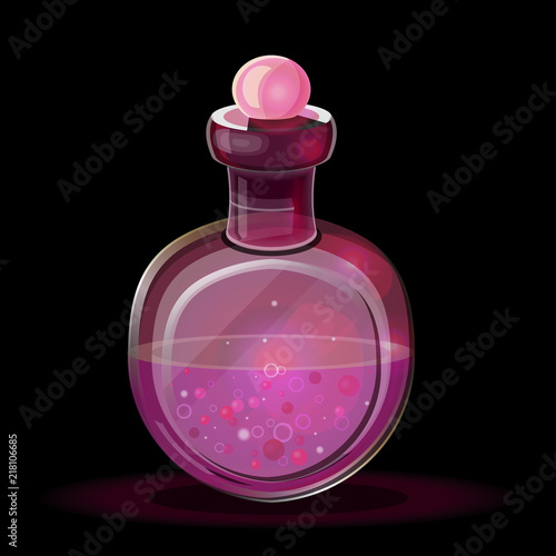 Isolated icon of pink bottle; isolated in black fantasy illustration; transparent phial with liquid and bubbles. 