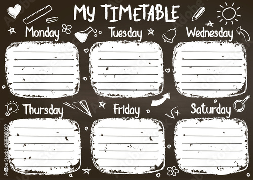 School timetable template on chalk board  with hand written chalk text. Weekly lessons shedule in sketchy style decorated with hand drawn school doodles on blackbord.