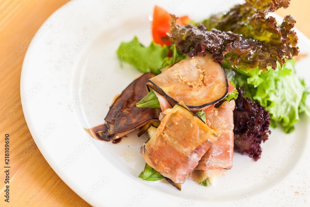 Closeup of a Salad with Ham and Aubergines Closeup of a Salad with Ham and Aubergines