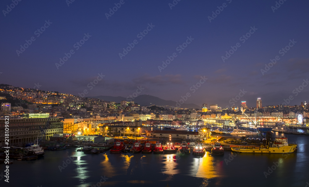 View from the port of Genoa at night. Liguria, Italy