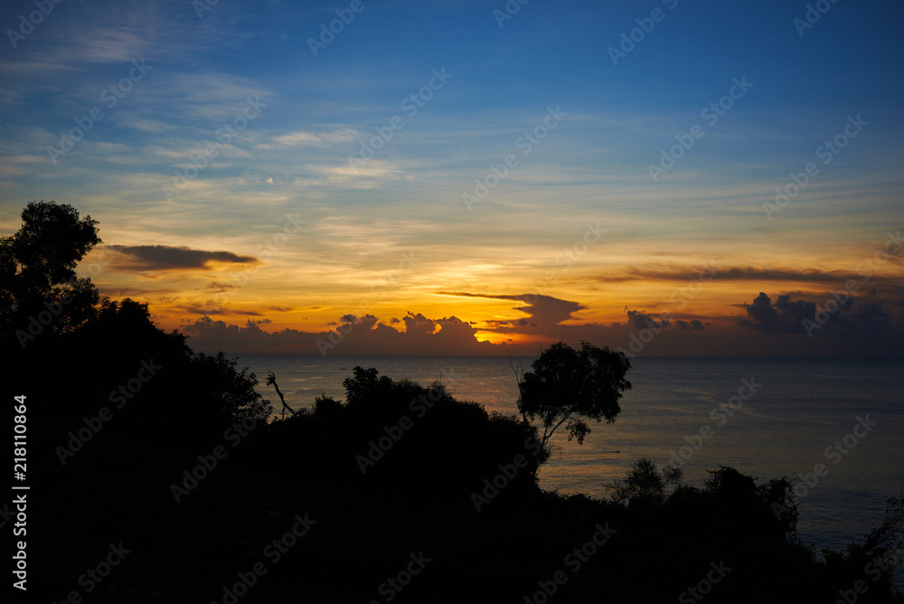 Beauty world. Trees in sunlight on the beach at sunset sky background. Deep blue sky and clouds. Beautiful sunset with a dramatic sky. Sun rays over trees. Trees in sun rays. Dreamy landscape.