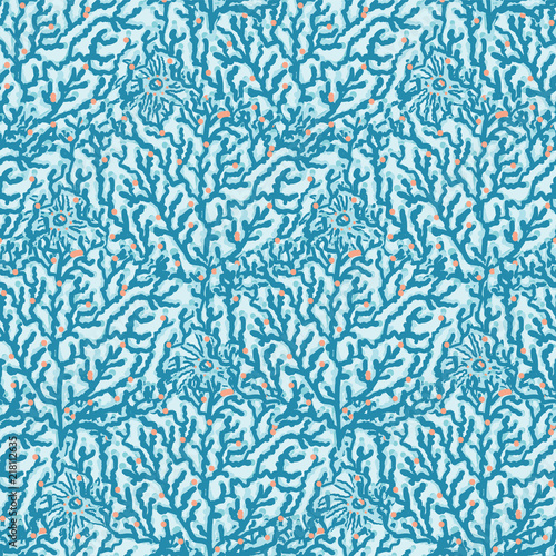 Blue Red Coral Geometric, Seamless Ocean Vector Pattern Background, Drawn Illustration for Summer Scrapbooking, Gift Wrap, Kids Fashion Prints, Yacht Fashion Beach Apparel, Aqua Nautical Stationery 