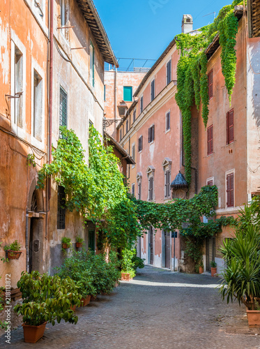 The pictiresque Rione Trastevere on a summer morning, in Rome, Italy. © e55evu