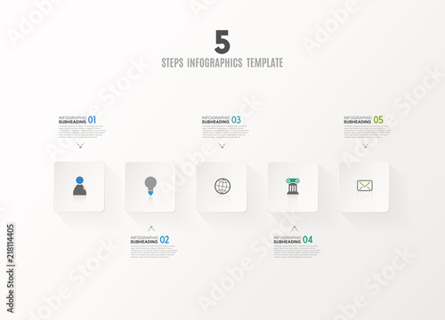 Five vector progress steps illustration with arrows, icons and place for your company text.
