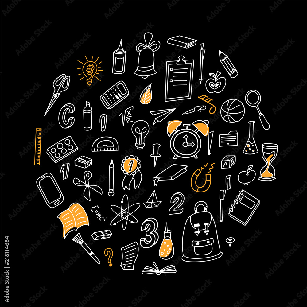 Back to shool design elements. Hand drawn clipart with supplies. Doodle vector illustration. Round composition Back to shool design elements. Hand drawn clipart with supplies. Doodle vector illustration. Round composition