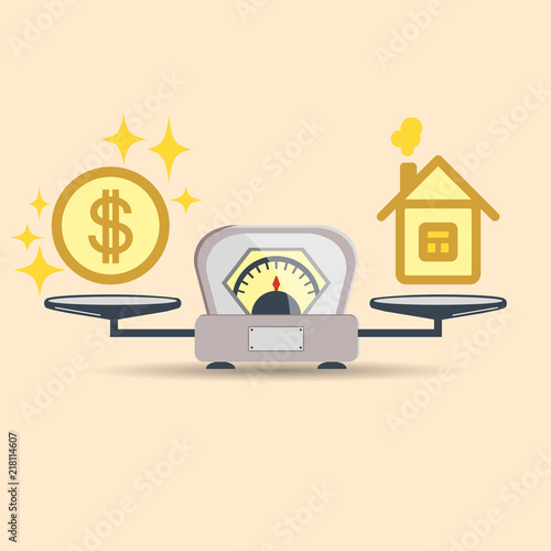 A dollar coin and a house on the scales. Money and house scales icon. Real estate, rent, expenses, liabilities and mortgage concept. Money and balance at home on the scale of the concept. Vector isola