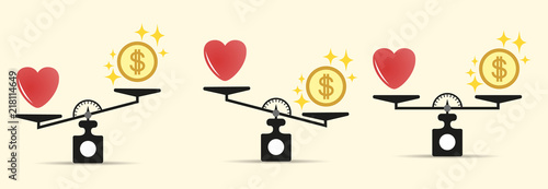 Set Heart money and on the scales. Different tilt options. The balance of money and love scale. The concept of choice . Scales with love and money coins. Vector isolated on light background.