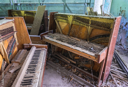 Music shop in abandoned Pripyat city in Chernobyl Exclusion Zone, Ukraine