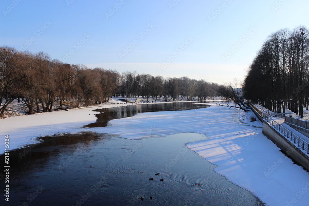 frozen river in winter in tartu, estonia
