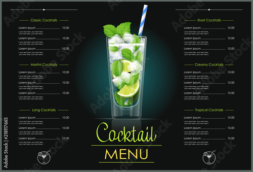 Mojito glass. Cocktail menu concept design for alcohol bar.
