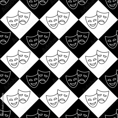 Theater masks, black and white seamless pattern