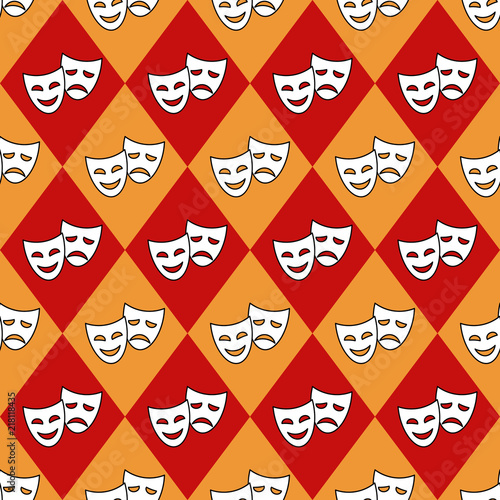 Seamless pattern with rhombus and theater masks, vector linear icon on white background.