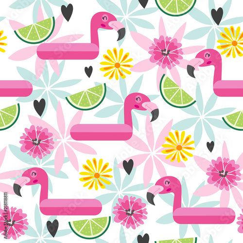 Seamless pattern with pink flamingo and tropical flowers