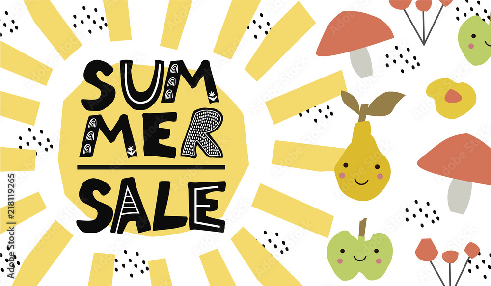 Summer sale banner with sun and fruits. Summer sale banner with sun and fruits.