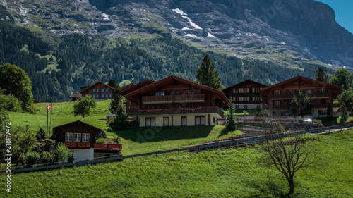 Traditional wooden chalets in picturesque Swiss town Grindelwald in summer in front of the north face of the Eiger mountain surrounded by vibrant green pastures