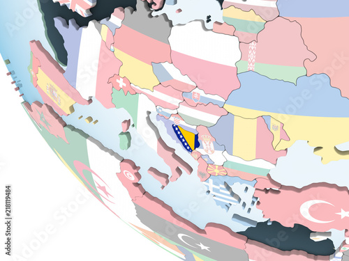 Bosnia and Herzegovina with flag on globe
