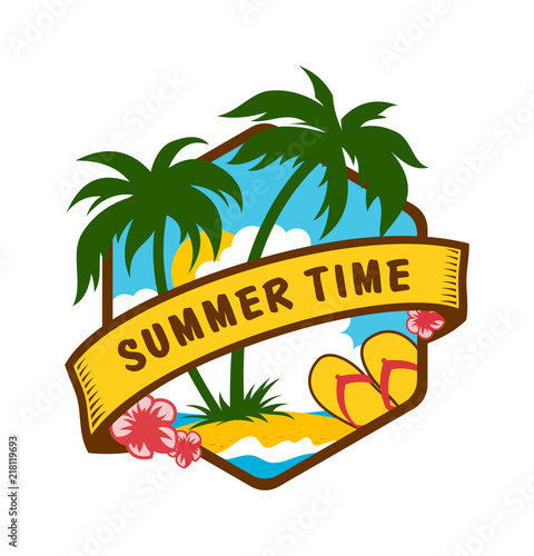 Summer time tropical emblem with sea and palms