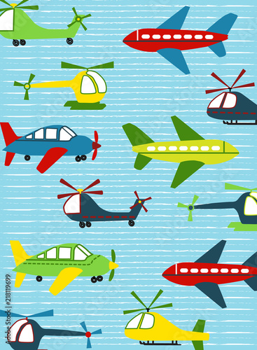 plane, airplane and helicopter vector illustration for backgrounds, kids apparel or placement print, nursery wall art or kids room decor. Aviation, transportation.