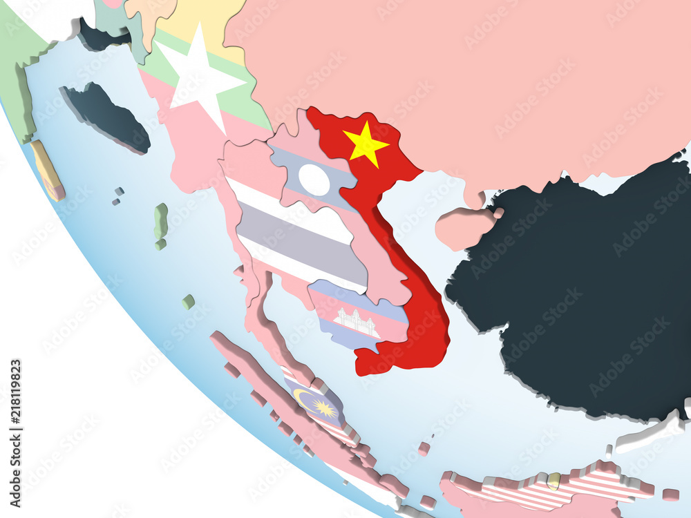 Vietnam with flag on globe