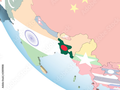 Bangladesh with flag on globe © harvepino