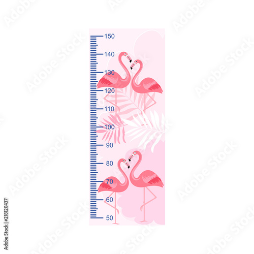 Growth meter,  children's height measurement, flamingo. Vector illustration.