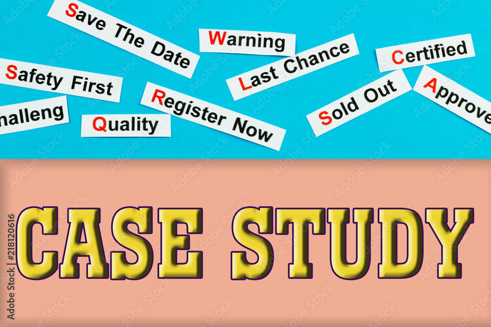 Case Study tags word cloud concept. Logo banner on color texture