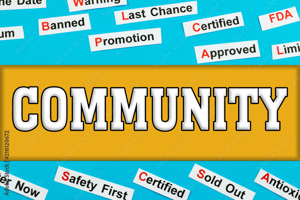 Community tags word cloud concept. Logo banner on color texture
