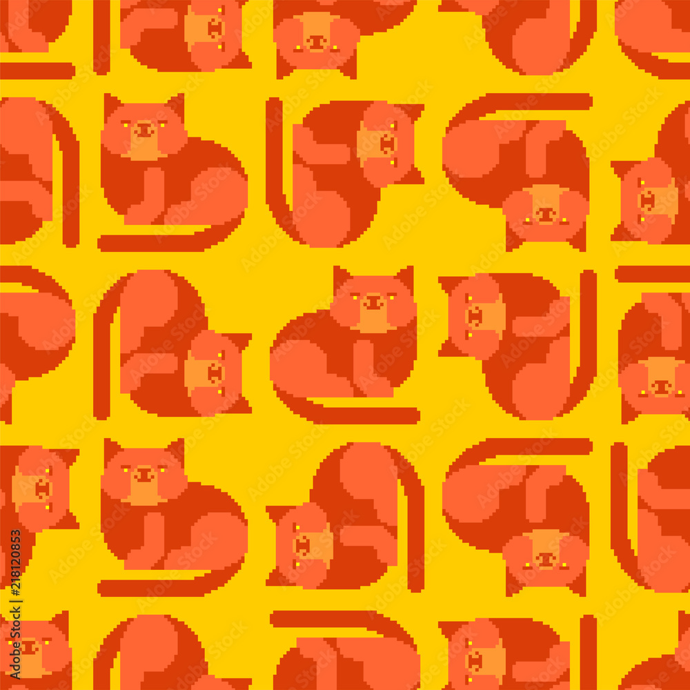 Red cat pixel art pattern seamless. 8 bit Digital home pet background. Vector ornament Red cat pixel art pattern seamless. 8 bit Digital home pet background. Vector ornament