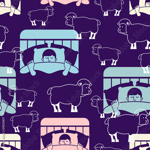 Sleeping man and sheep pattern seamless. Guy in bed asleep ornament. sleeper male background. Vector texture