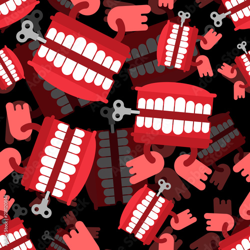 Chatter teeth toy pattern seamless. April Fools Day ornament. Jaw toy background vector