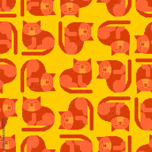 Red cat pixel art pattern seamless. 8 bit Digital home pet background. Vector ornament