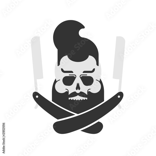 Skull hipster and straight razor. Beard and  razor. Fashionable head skeleton. Barbershop symbol. Vector illustration