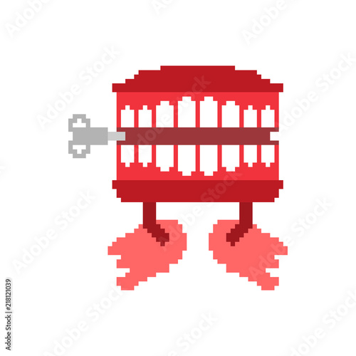 Chatter teeth toy pixel art. April Fools Day symbol. 8 bit Jaw toy vector illustration