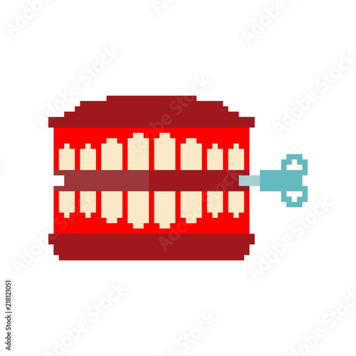Chatter teeth toy pixel art. April Fools Day symbol. 8 bit Jaw toy vector illustration