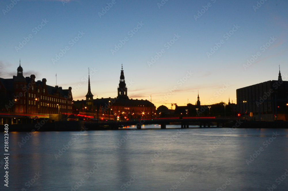 Historical city center of Copenhagen during the sunset.